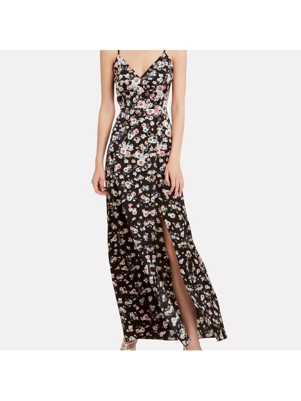 Floral V-Neck Black Maxi Dress with Side Slit intermix black raiza silk dress